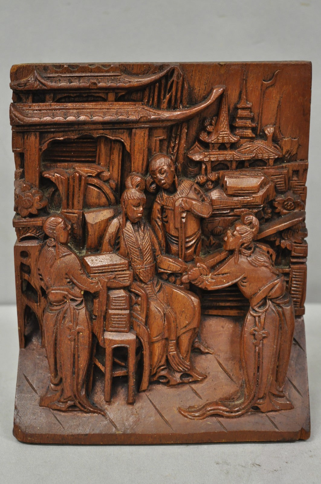 Vintage Chinese Hand Carved Hard Wood Scholar Bookends by George Zee - a Pair