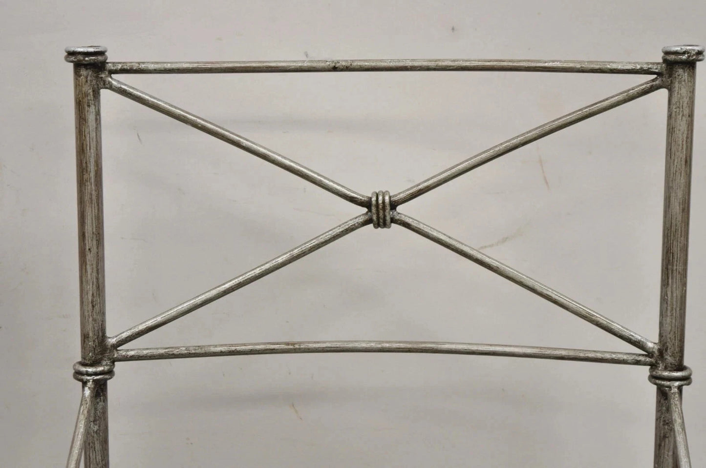 Pier 1 Medici Pewter Wrought Iron Neoclassical Style Dining Side Chairs - a Pair