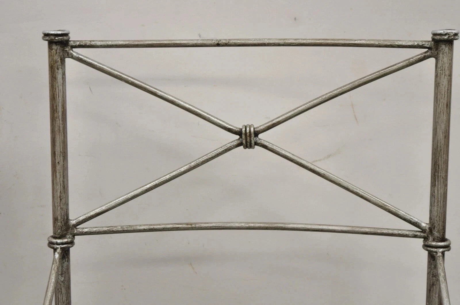 Pier 1 Medici Pewter Wrought Iron Neoclassical Style Dining Side Chairs - a Pair