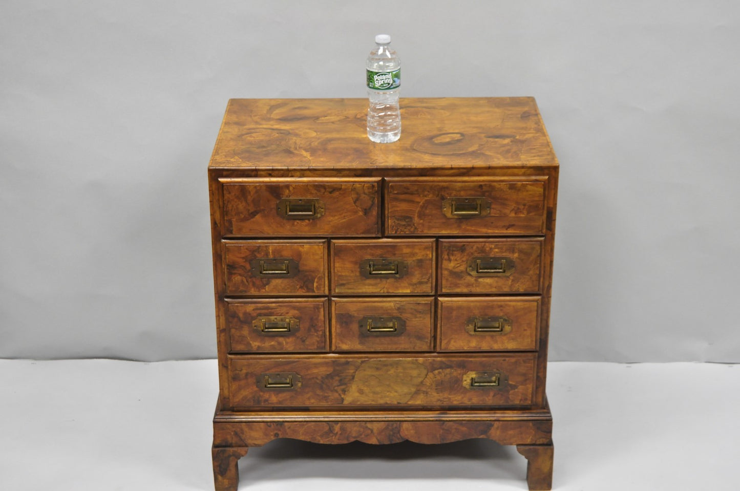 Vintage Italian Olive Wood Veneer Campaign Chest of Drawers Cabinet Side Table