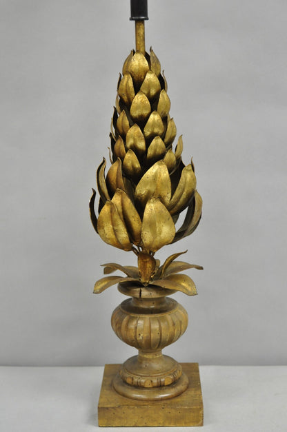 Vintage Italian Hollywood Regency Gold Gilt Leafy Iron Artichoke Table Lamp