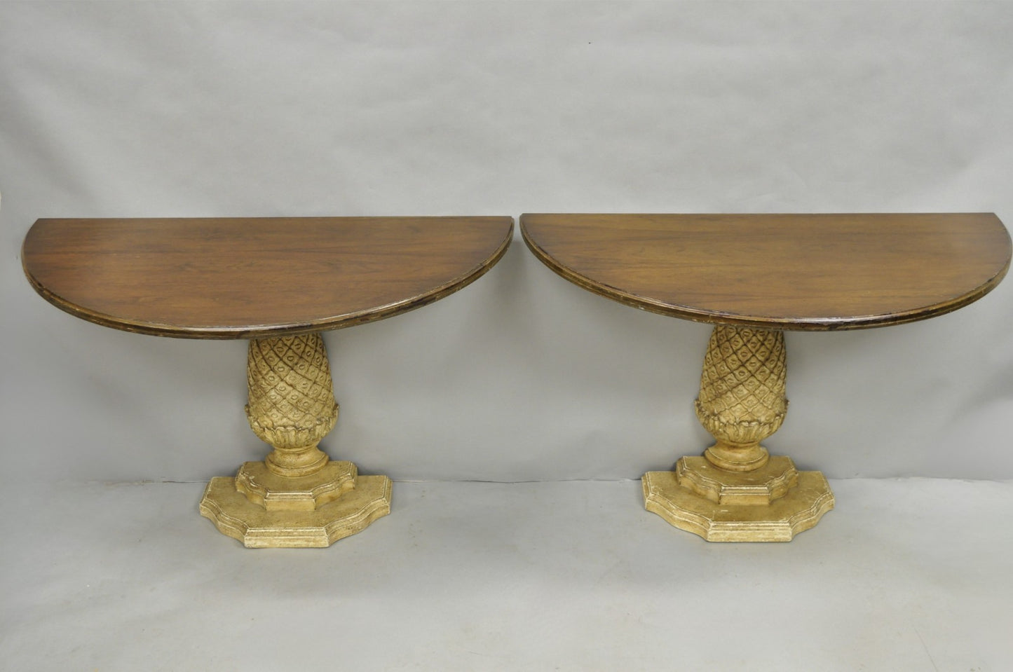 Hollywood Regency Carved Wood Pineapple Demilune Console Hall Tables - a Pair