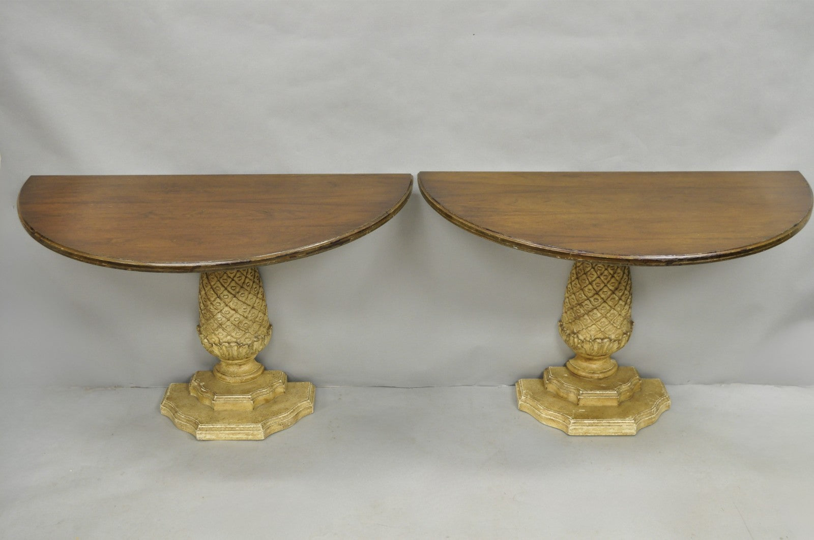 Hollywood Regency Carved Wood Pineapple Demilune Console Hall Tables - a Pair