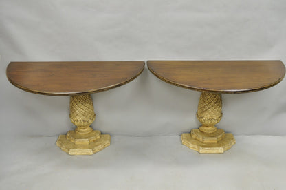 Hollywood Regency Carved Wood Pineapple Demilune Console Hall Tables - a Pair