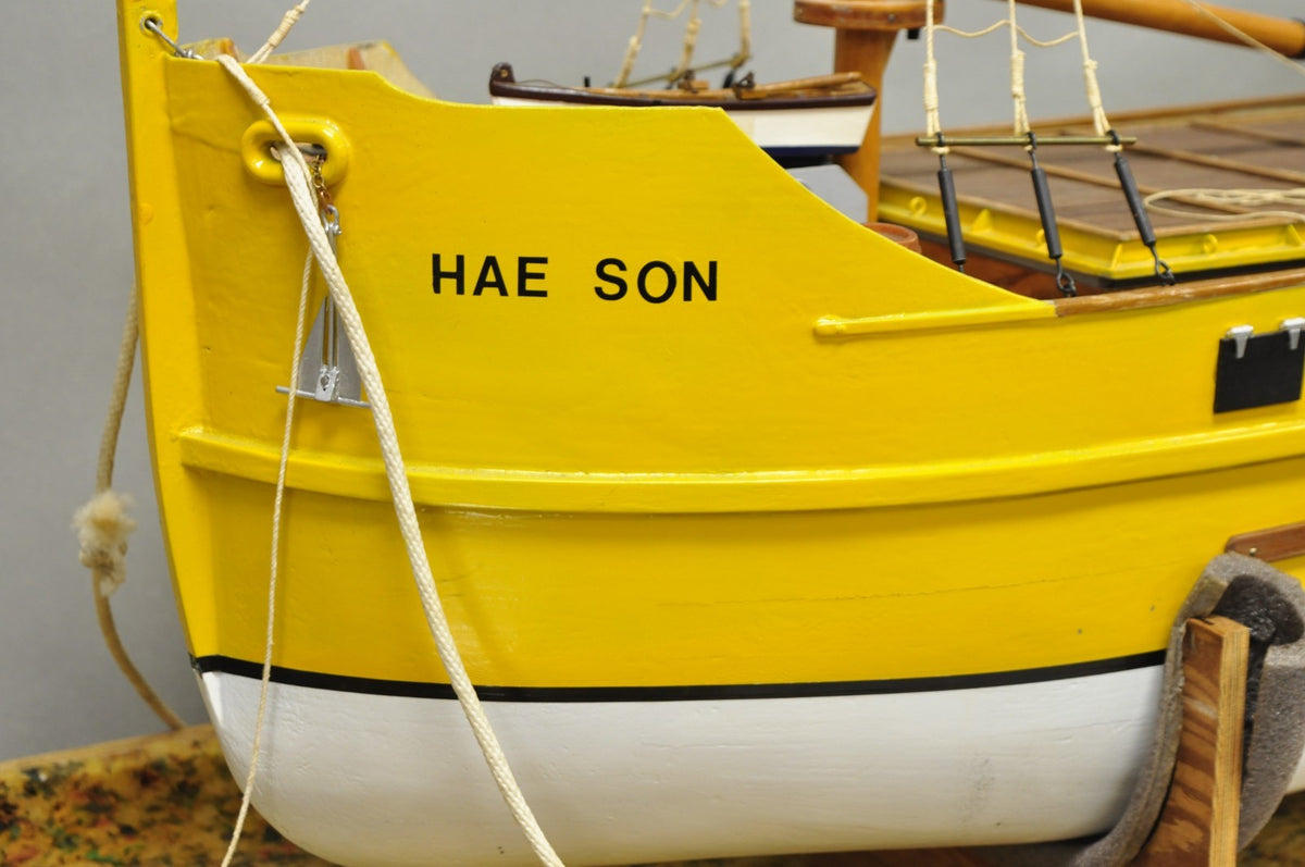 Large 48" Vintage Wooden Fishing Vessel Model Ship Yellow Hull South Korean Flag