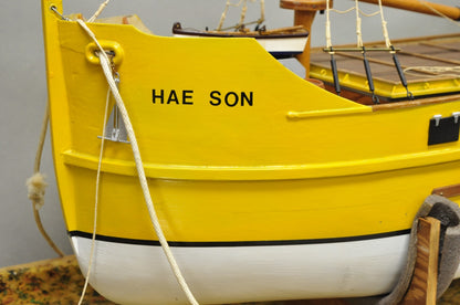 Large 48" Vintage Wooden Fishing Vessel Model Ship Yellow Hull South Korean Flag