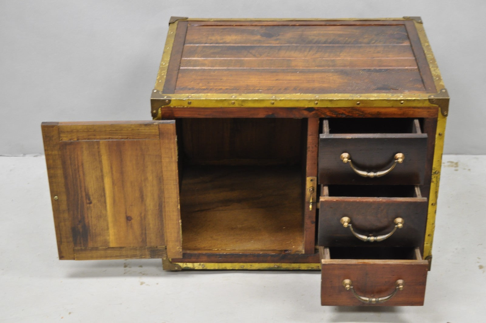 Habersham Wooden Plantation Campaign Trunk Style Side Coffee Table w/ Brass Trim