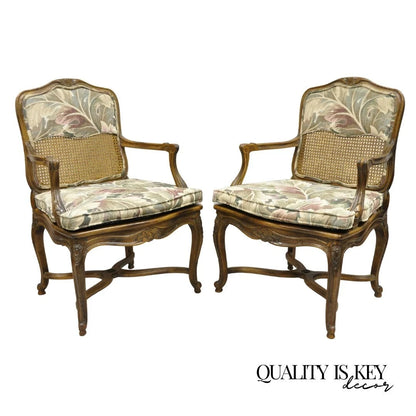 Vintage French Country Louis XV Style Upholstered Cane Lounge Arm Chairs - Pair