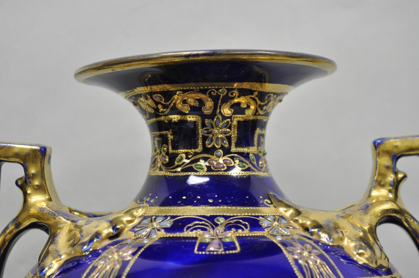 Antique Nippon Hand Painted Cobalt Blue Porcelain Twin Handle Bolted Urn Vase