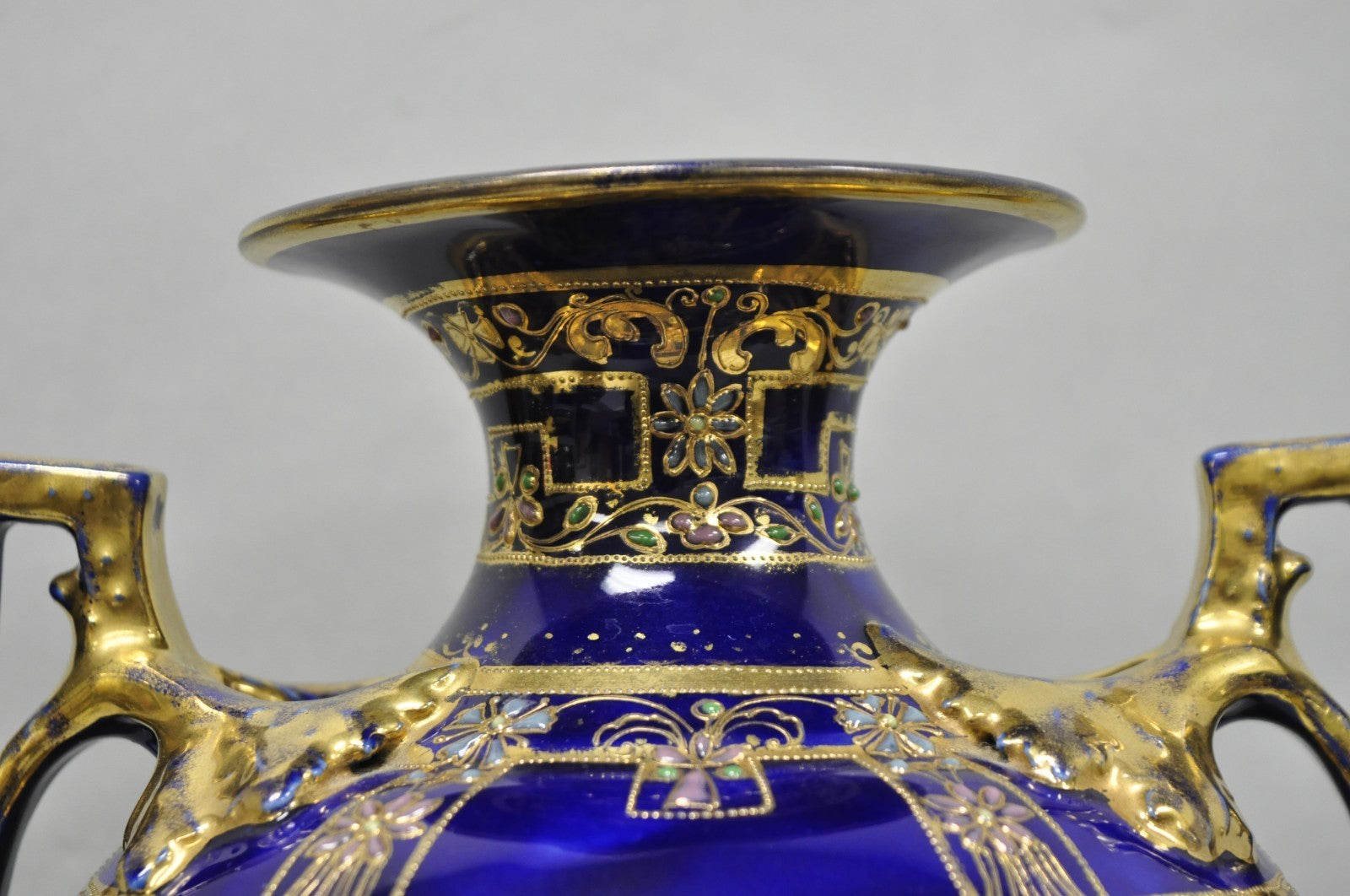 Antique Nippon Hand Painted Cobalt Blue Porcelain Twin Handle Bolted Urn Vase