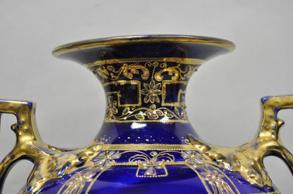 Antique Nippon Hand Painted Cobalt Blue Porcelain Twin Handle Bolted Urn Vase