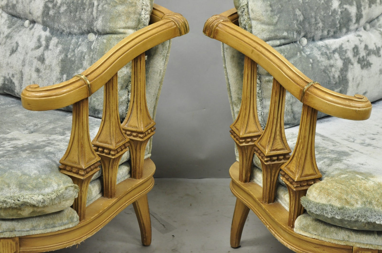 Vintage Hollywood Regency Low Barrel Back Cream Painted Club Lounge Chairs, Pair