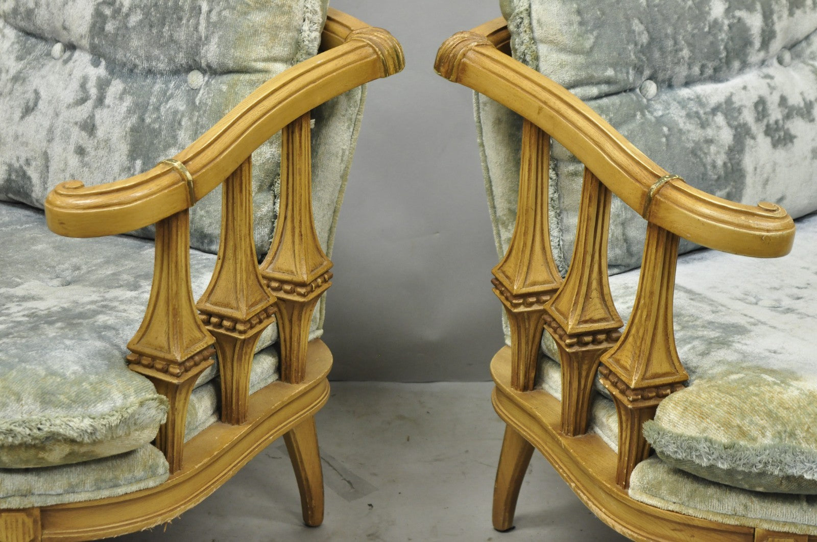 Vintage Hollywood Regency Low Barrel Back Cream Painted Club Lounge Chairs, Pair