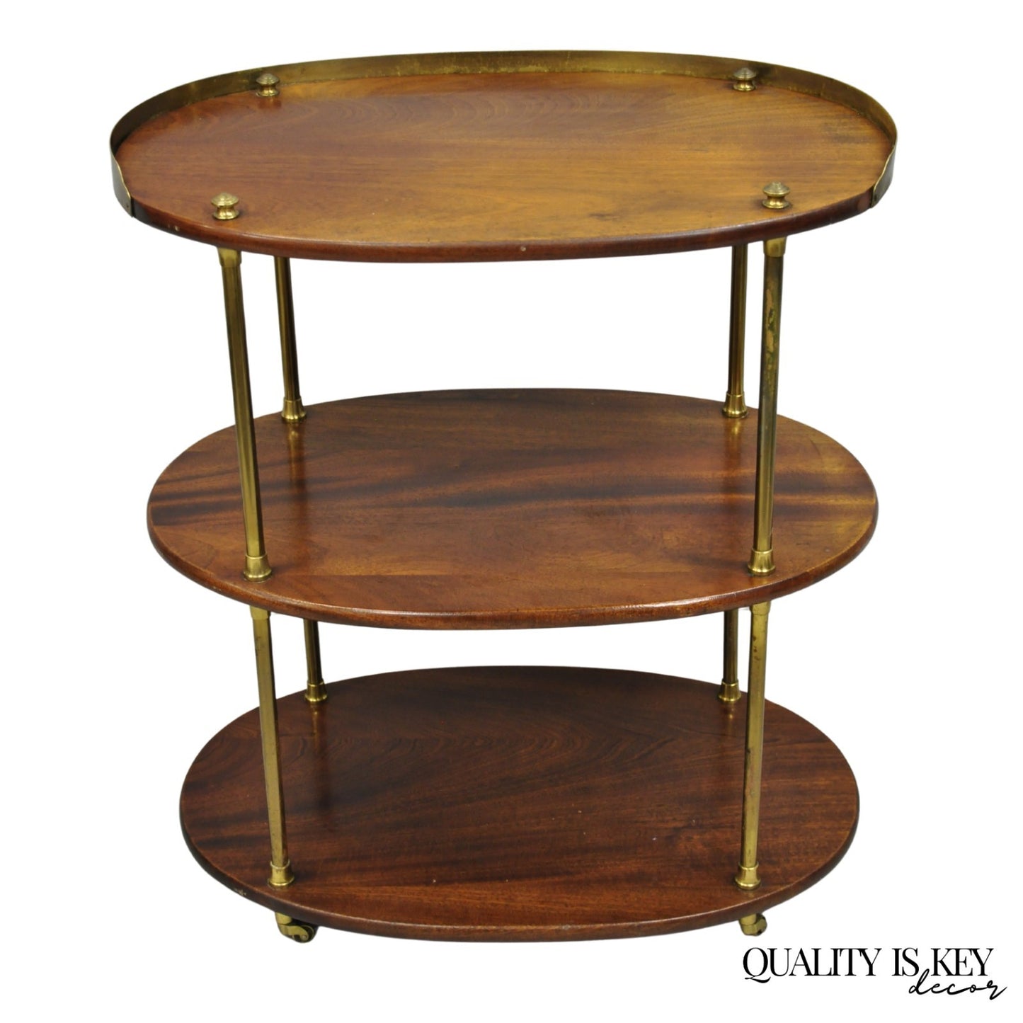 English Campaign Style Mahogany & Brass Oval 3 Tier Rolling Bar Cart Side Table
