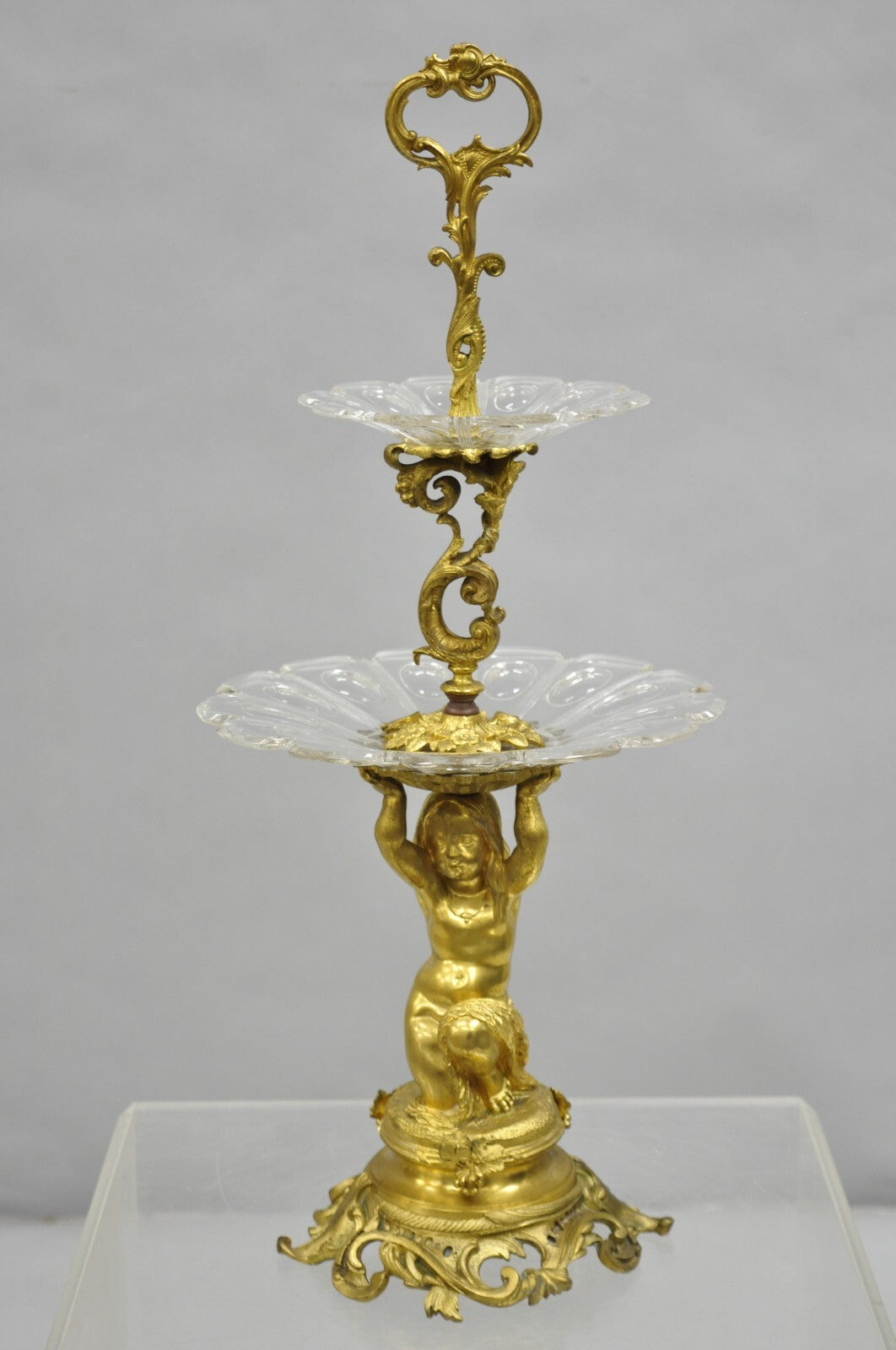 French Baroque Louis XV Gold Gilt Bronze Cherub & Glass 2 Tier Candy Dish Stand
