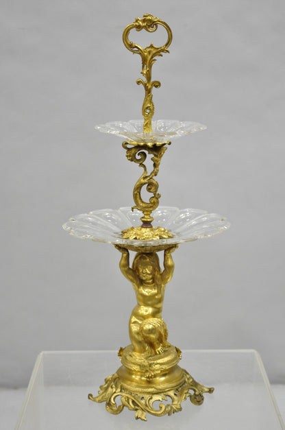 French Baroque Louis XV Gold Gilt Bronze Cherub & Glass 2 Tier Candy Dish Stand