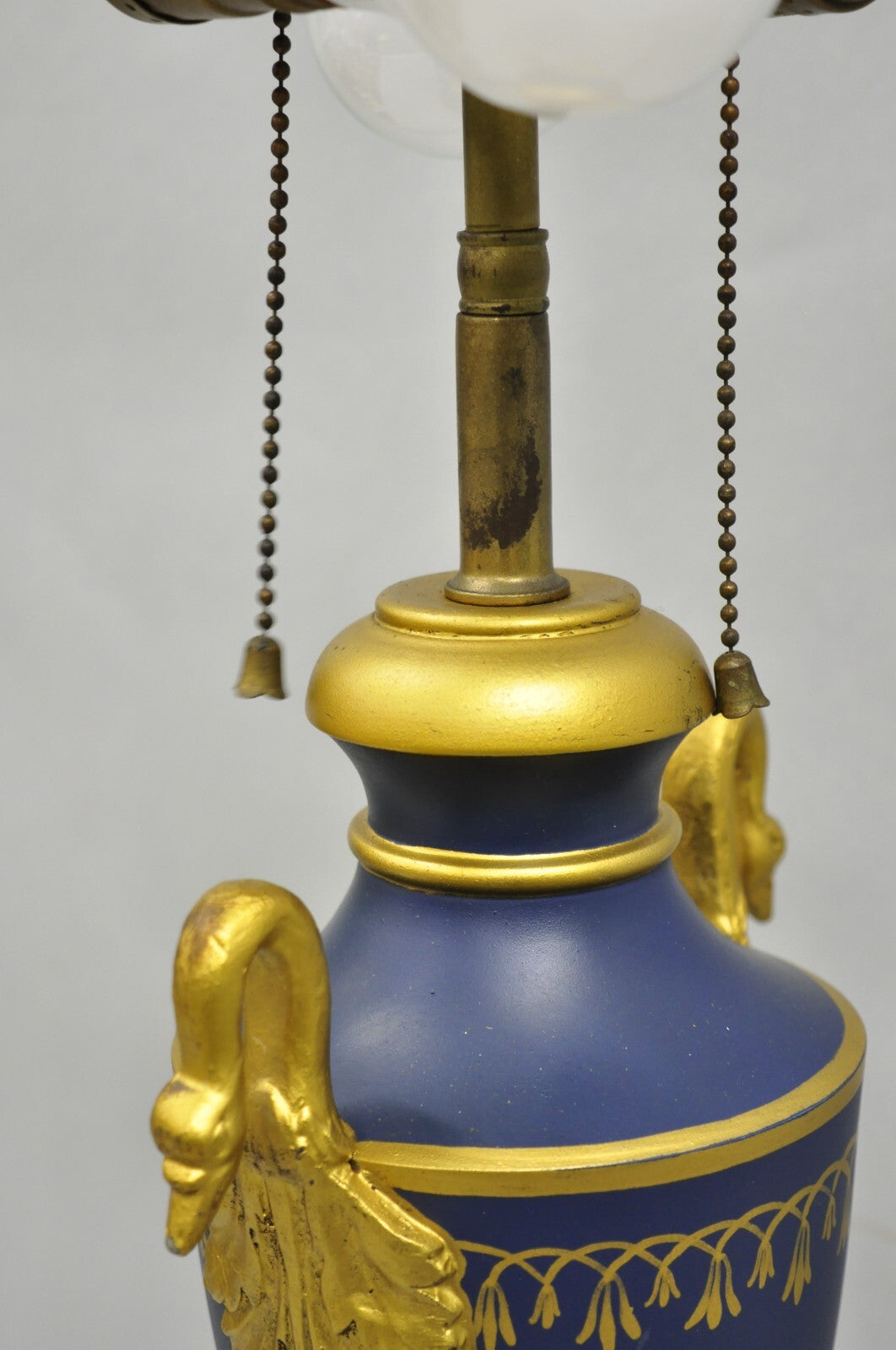 Vintage French Empire Blue Tole Metal Gold Swan Painted Urn Form Table Lamp