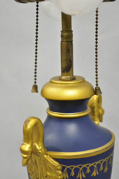 Vintage French Empire Blue Tole Metal Gold Swan Painted Urn Form Table Lamp