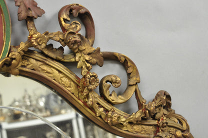 Antique French Neoclassical Baroque Gold Gilt Gesso Red Glass Frame Wall Mirror