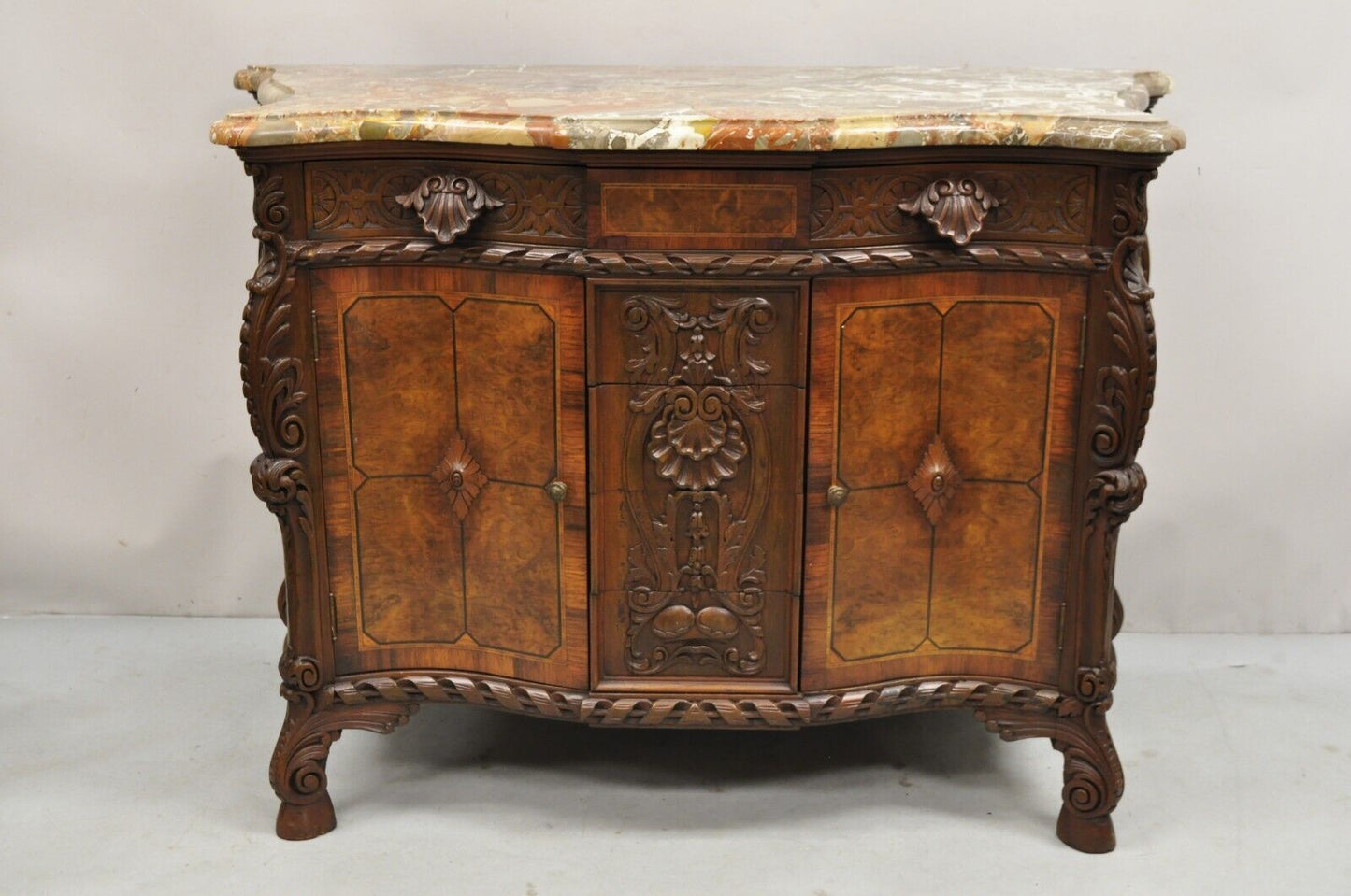 French Louis XV Baroque Style Carved Burl Walnut Rouge Marble Top Commode Server