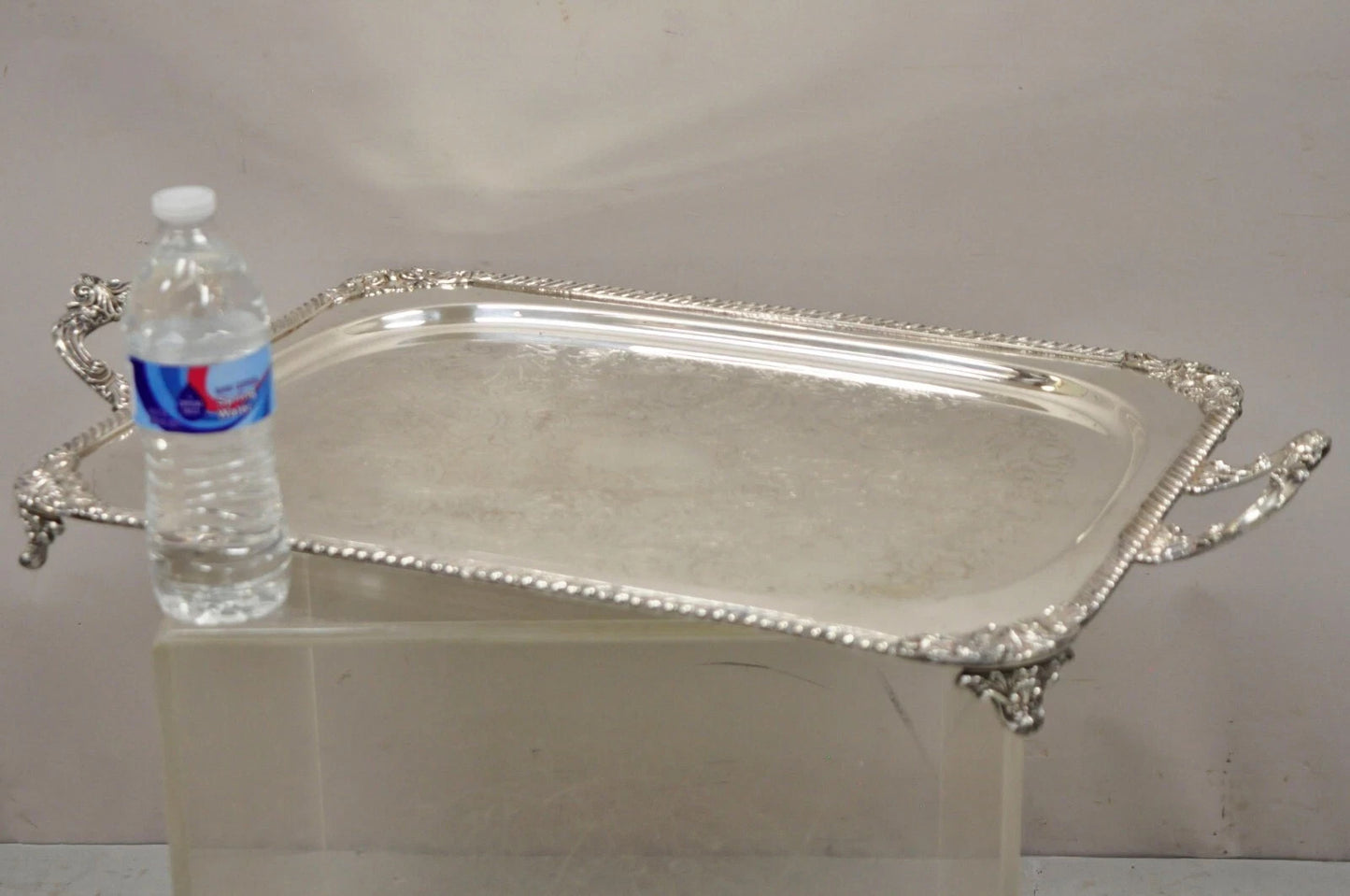 Vintage English Victorian Twin Handle Silver Plated Bar Serving Platter Tray