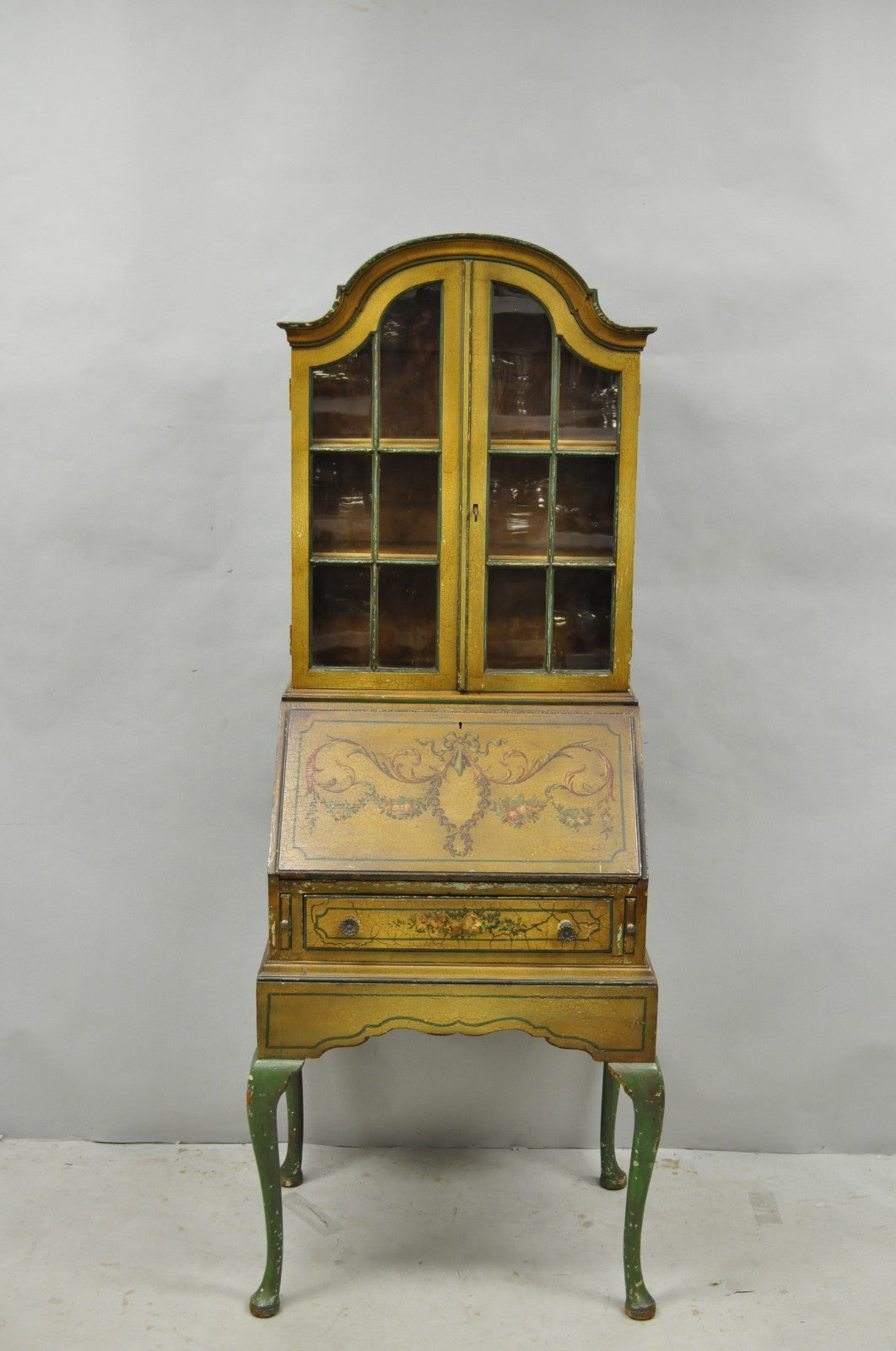 Antique English Adams Style Distress Hand Painted Narrow Secretary Writing Desk