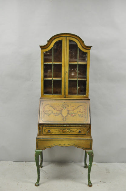 Antique English Adams Style Distress Hand Painted Narrow Secretary Writing Desk