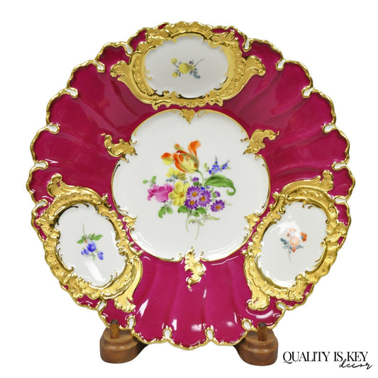 Meissen French Floral Hand Painted Red Porcelain Scalloped Cabinet Plate Bowl