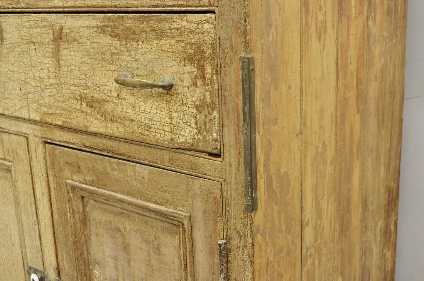 Antique French Country Farmhouse Beige Distressed Paint Kitchen Cupboard Cabinet