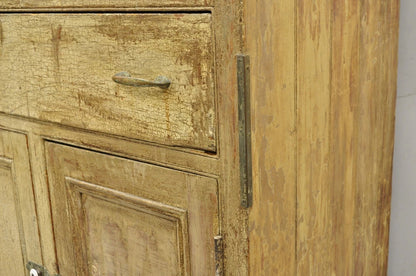 Antique French Country Farmhouse Beige Distressed Paint Kitchen Cupboard Cabinet