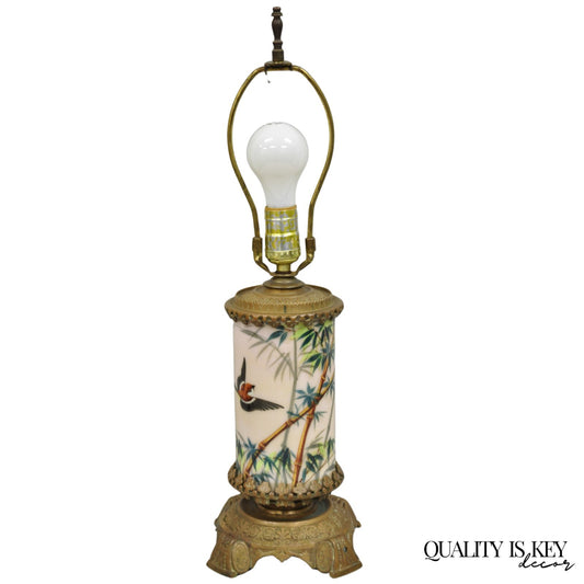 Art Nouveau Converted Oil Lamp Glass Cylinder Bird Painted Bronze Table Lamp