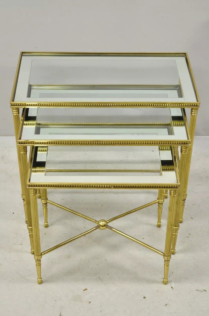 Italian Hollywood Regency Brass Mirror Glass Top Nesting Side Tables - Set 3