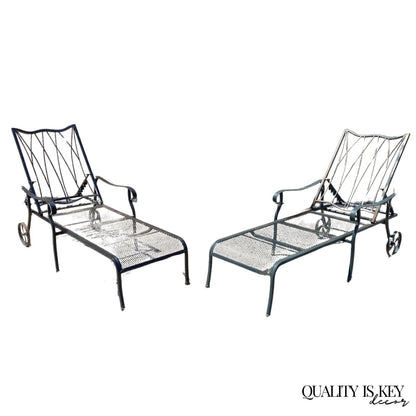 Woodard Style Wrought Iron Lattice Garden Patio Chaise Lounge Chair - a Pair