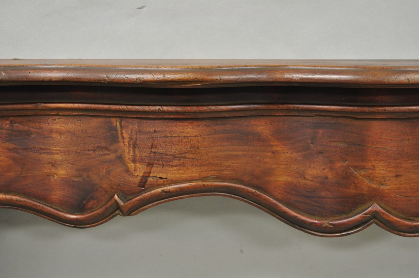 Antique Italian Provincial Carved Serpentine Scalloped Walnut Fireplace Mantel