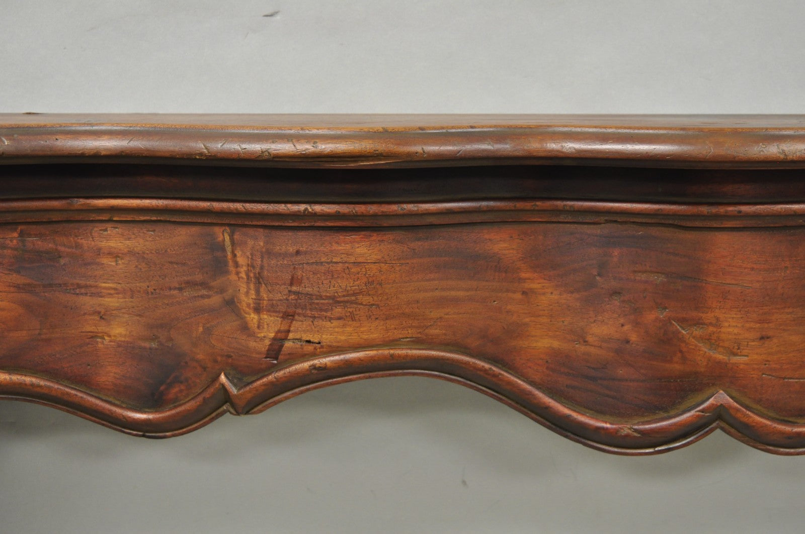 Antique Italian Provincial Carved Serpentine Scalloped Walnut Fireplace Mantel