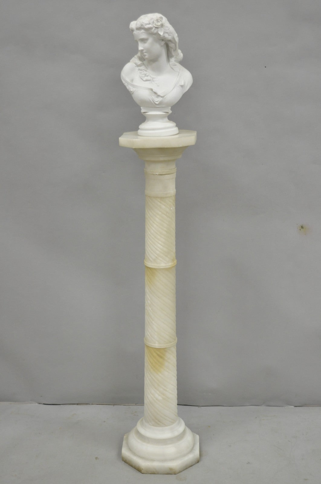 Antique Italian Neoclassical Carved Alabaster Spiral Column Narrow Pedestal