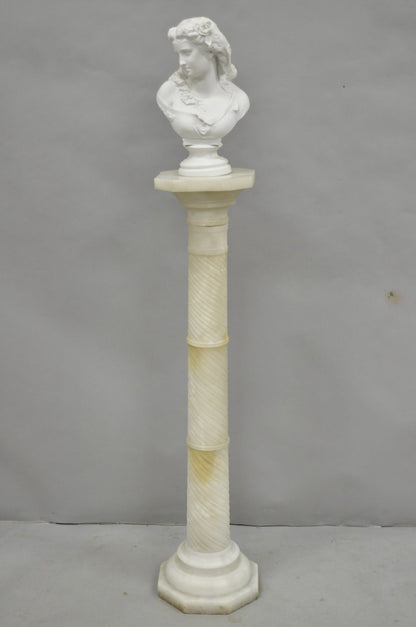 Antique Italian Neoclassical Carved Alabaster Spiral Column Narrow Pedestal