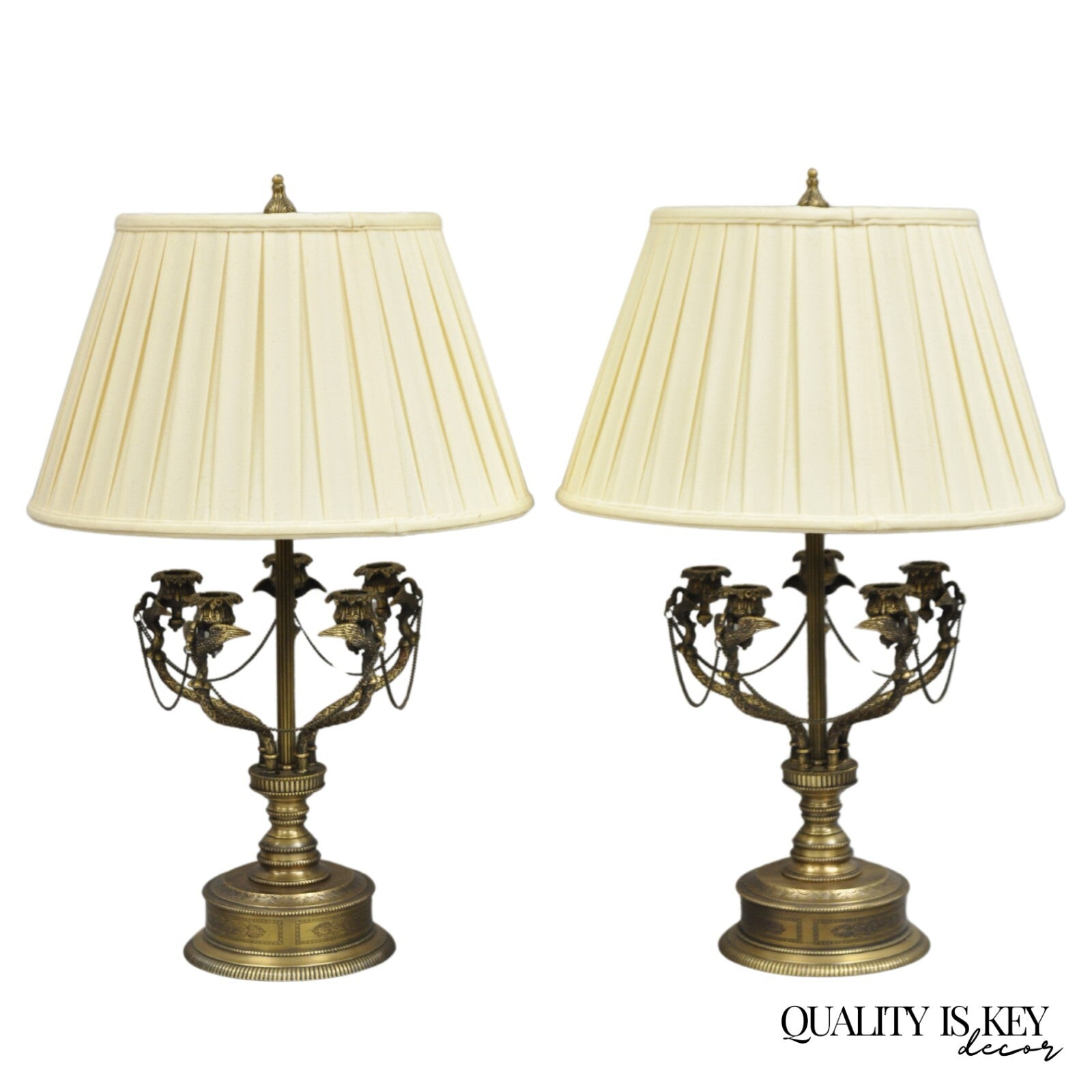 Vintage French Regency Style Brass Swans Candelabra Table Lamps - a Pair