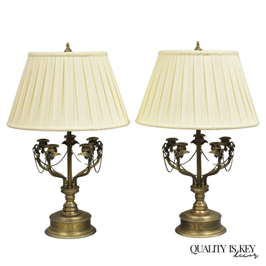 Vintage French Regency Style Brass Swans Candelabra Table Lamps - a Pair