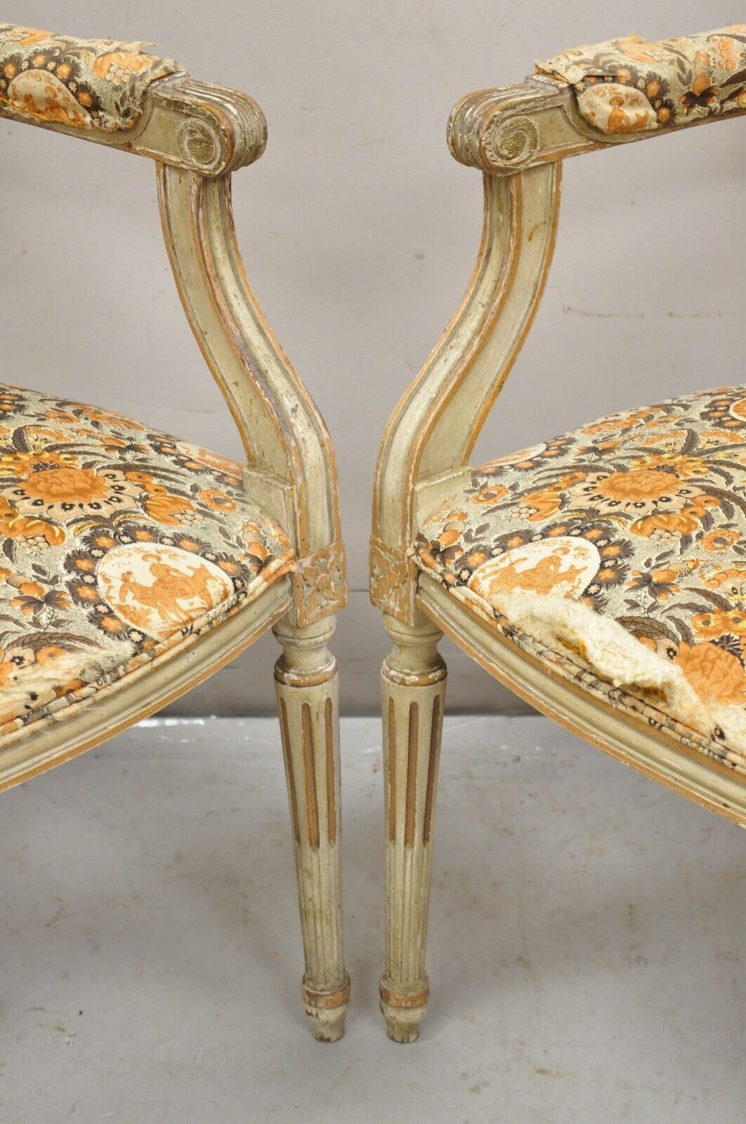 Antique French Louis XVI Style Distressed Cream Painted Fauteuil Arm Chairs Pair