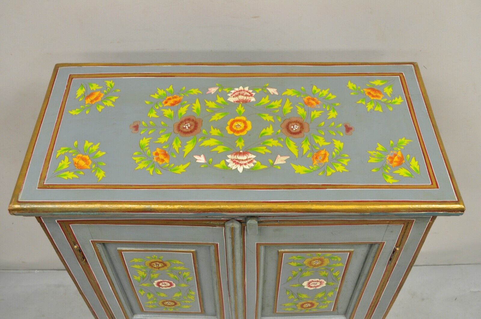 Vintage French Country Style Blue Painted Floral Wooden 2 Door Cupboard Cabinet