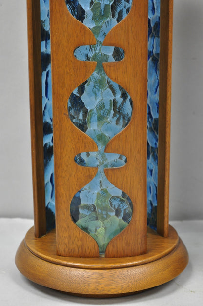 Vintage Modeline Mid Century Modern Walnut & Blue Stained Glass Table Lamps Pair
