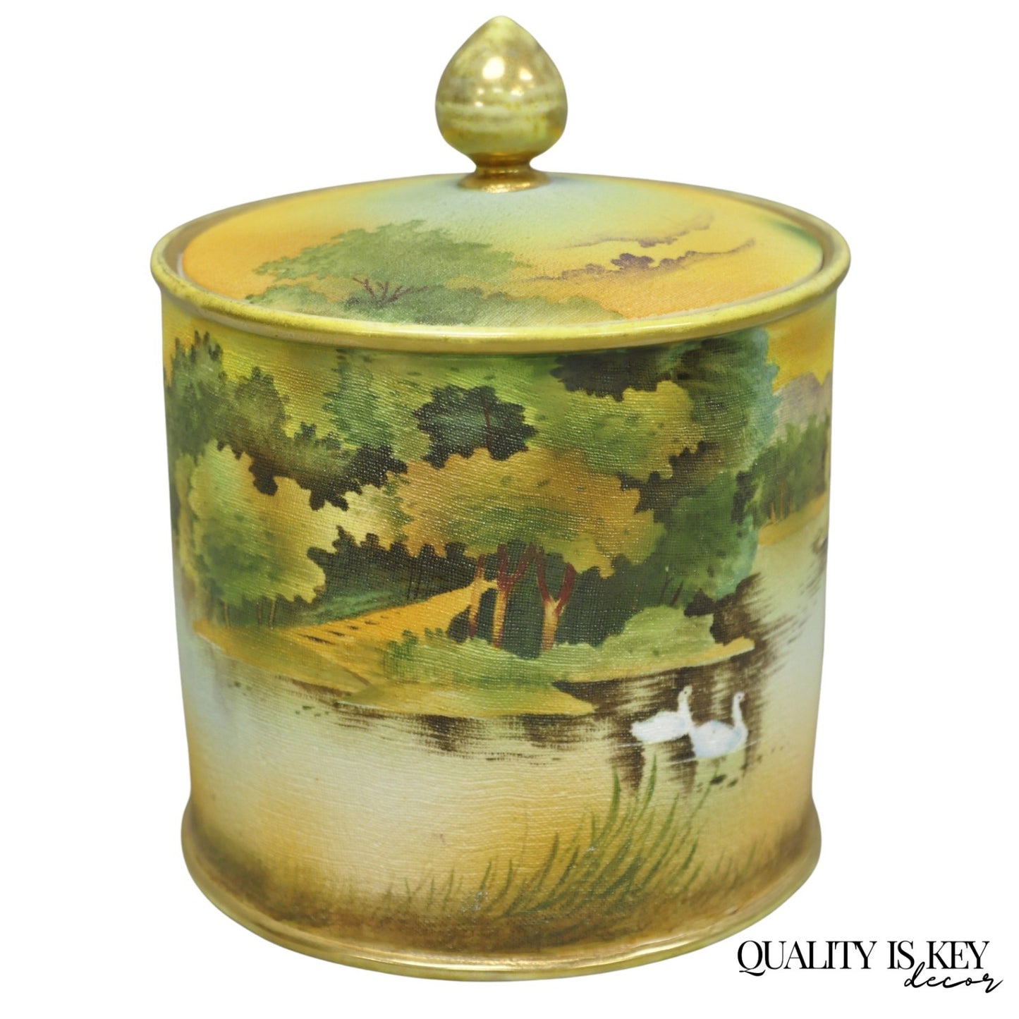 Antique Nippon Hand Painted Coralene Porcelain Lake Duck Scene Biscuit Jar