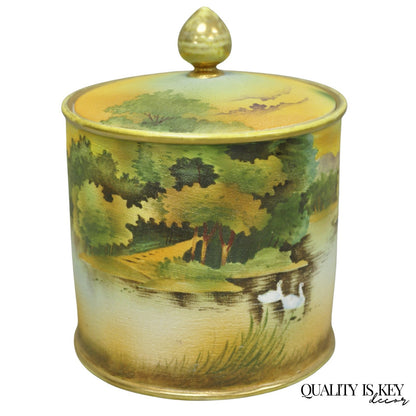 Antique Nippon Hand Painted Coralene Porcelain Lake Duck Scene Biscuit Jar
