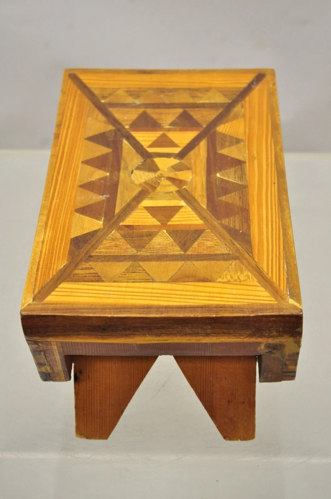 Vintage Folk Art Marquetry Inlay Small Wooden Primitive Footstool Ottoman Stool