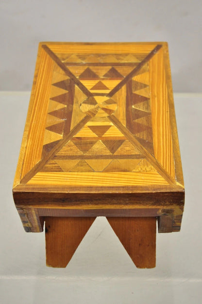 Vintage Folk Art Marquetry Inlay Small Wooden Primitive Footstool Ottoman Stool