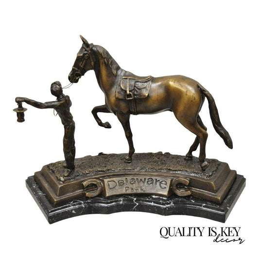 Delaware Park Bronze Equestrian Rider Jockey Leading Race Horse Lantern Statue