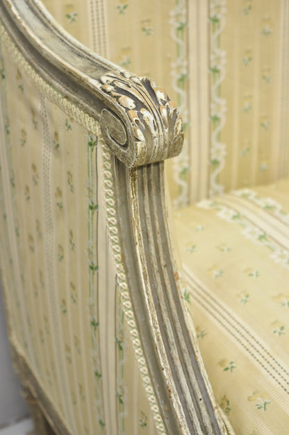 Antique French Louis XVI Style Cream Distress Painted Petite Canape Settee Sofa