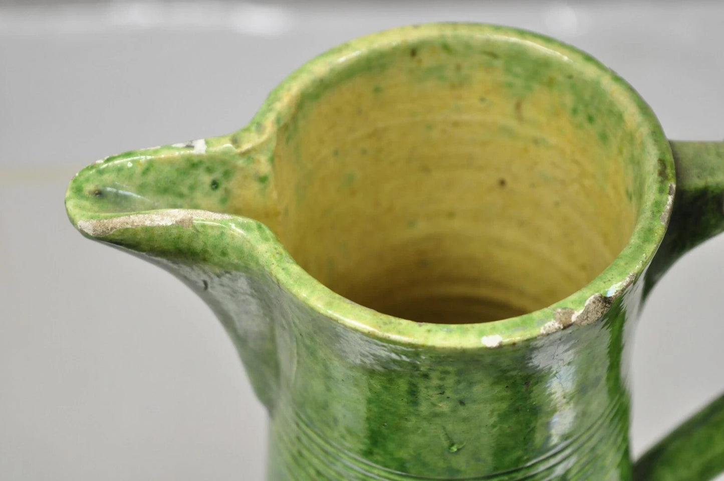 Antique Gothic Renaissance Green Ceramic Pitcher with Brass Soldier Armor Lid
