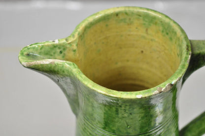 Antique Gothic Renaissance Green Ceramic Pitcher with Brass Soldier Armor Lid